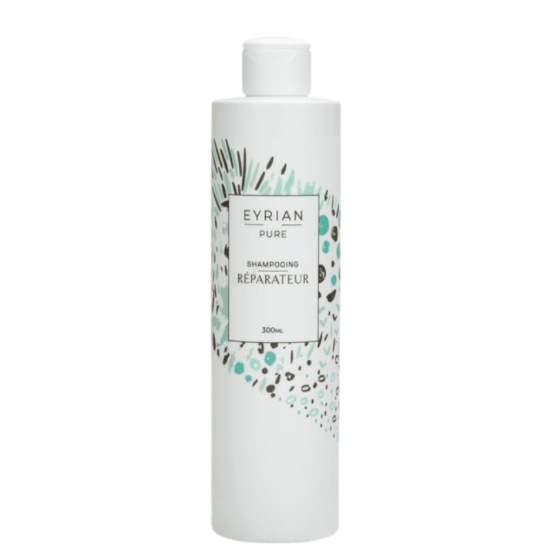 Le Shampoing réparateur -EYRIAN-Pur- de 300 ml se présente dans un flacon blanc avec des motifs abstraits sarcelle, noir et vert - idéal pour ceux qui souhaitent un shampooing réparateur nourrissant pour les cheveux abîmés.