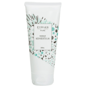 Un tube blanc étiqueté "Masque Réparateur-Eyrian-Pur-200 ml" avec un design abstrait à pois noirs, turquoise et gris, parfait comme masque capillaire réparateur pour cheveux abîmés.