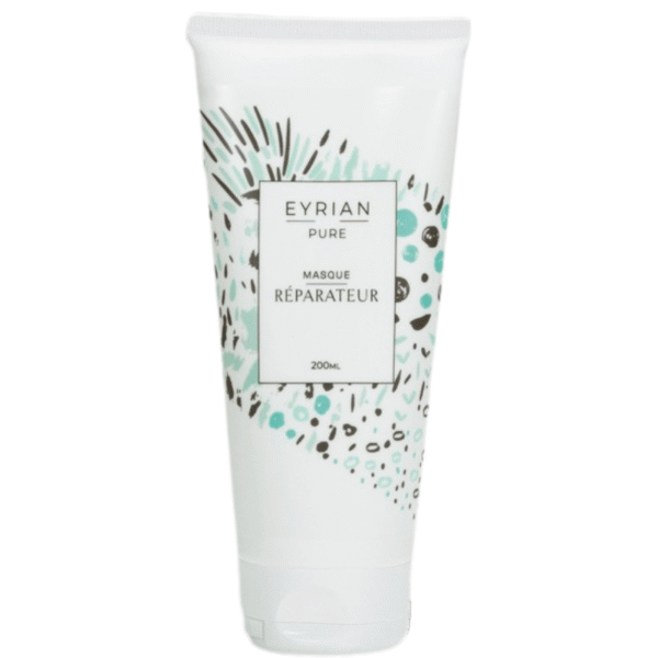 Un tube blanc étiqueté "Masque Réparateur-Eyrian-Pur-200 ml" avec un design abstrait à pois noirs, turquoise et gris, parfait comme masque capillaire réparateur pour cheveux abîmés.
