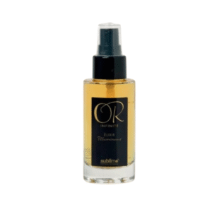 Un flacon en verre transparent avec une pompe noire, rempli d'un liquide doré. L'étiquette indique « Élixir Illuminant Sublimant-Or Infinite-50 ml ». Idéal comme élixir capillaire. Le fond est blanc.