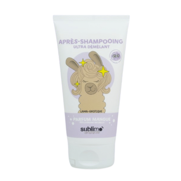 Un tube d'après-shampoing Ultra démêlant sublimo LAMA de 150 ml, orné d'un lama de dessin animé sur son emballage blanc et violet. Cet après-shampoing au parfum de mangue est également étiqueté « Démêlant ultra cheveux Sublimo Lama ».