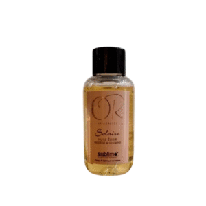 Un petit flacon transparent de 50 ml d'Huile Élixir-Or Infinite Solaire, au bouchon noir et à l'étiquette dorée, contient une huile jaune. L'étiquette porte la mention « Sublime » et précise que cette huile capillaire nourrissante protège et illumine au soleil.