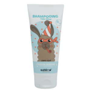 Un flacon de 200 ml de shampoing très doux Sublimo-Lama présente un lama de dessin animé dans un chapeau de fête, soufflant dans un bruiteur, avec des points colorés et du texte français sur l'étiquette.