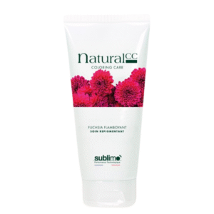 Un tube blanc de Masque Repigmentant Fuchsia Flamboyant-Natural CC 100ml, orné de fleurs roses vibrantes, offre un soin couleur éclatant.