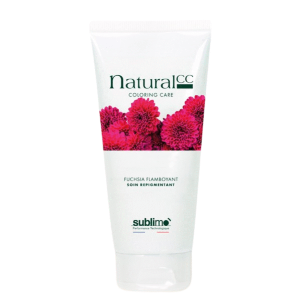 Un tube blanc de Masque Repigmentant Fuchsia Flamboyant-Natural CC 100ml, orné de fleurs roses vibrantes, offre un soin couleur éclatant.