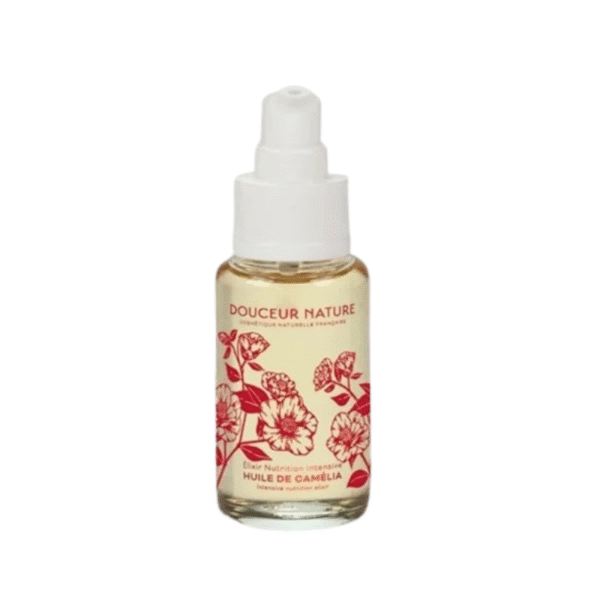 Un flacon en verre de 40 ml étiqueté « Elixir Nutrition Intensive Huile de Camélia » présente des motifs floraux rouges et du texte sur une étiquette crème, avec un bouchon de pompe blanc et contient un liquide jaune pâle.