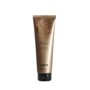 Un tube marron et or étiqueté "Masque Restructure et Protège - Solaire-Or Infinite-150 ml" se dresse debout sur un fond blanc.