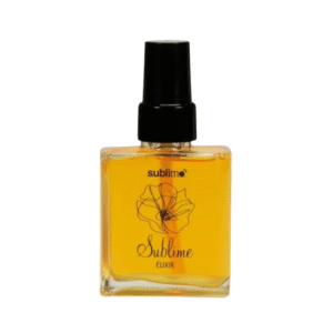 Un flacon carré en verre de 50 ml avec un bouchon noir, étiqueté « Sublime » et « Sublime Elixir Complexe réparateur-Sublimo », contient un liquide jaune pour nourrir et réparer les cheveux.