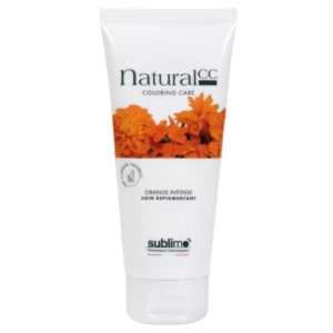 Un tube blanc de Masque Repigmentant - Orange Intense - Natural CC (100ml), orné d'une fleur d'oranger et des informations sur le produit sur le devant.