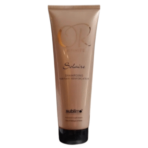 Un tube beige de Shampooing Cheveux Exposés au Soleil-Or Infinite-250 ml avec un bouchon noir, comportant du texte doré et noir sur le devant.