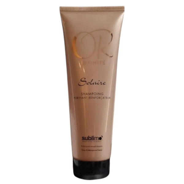 Un tube beige de Shampooing Cheveux Exposés au Soleil-Or Infinite-250 ml avec un bouchon noir, comportant du texte doré et noir sur le devant.