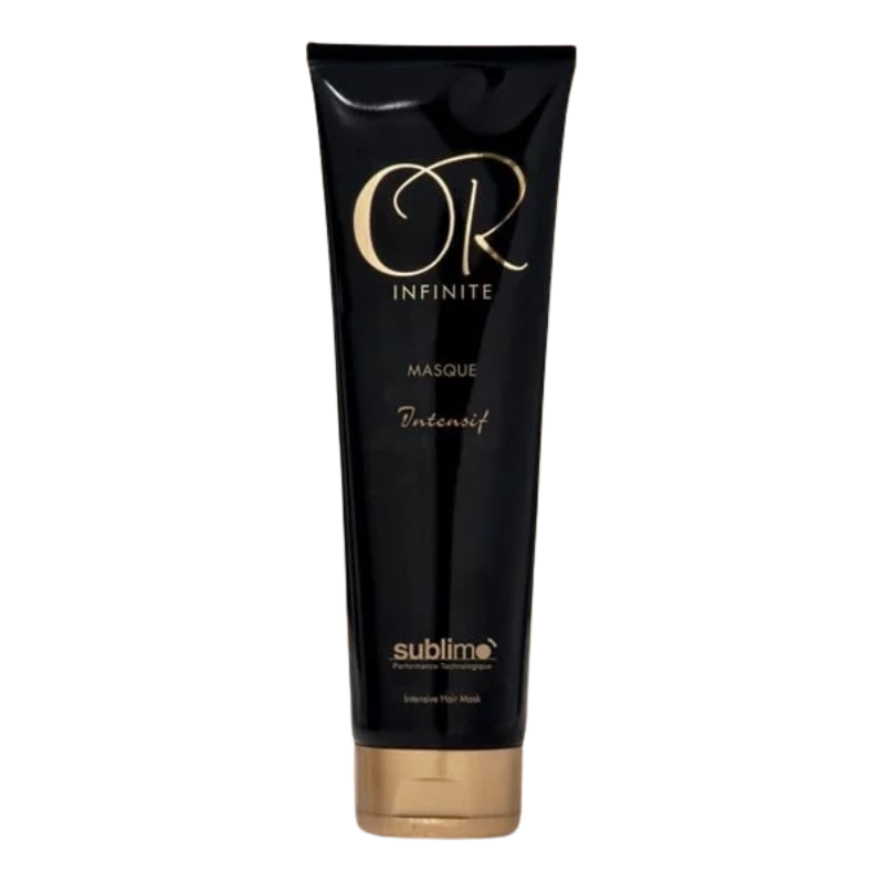 Un tube noir et or étiqueté « Masque Profond Sublimant-Or Infinite-150 ml » se dresse debout sur un fond blanc.