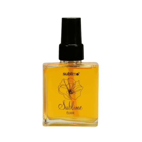 Un flacon carré en verre de 50 ml avec un bouchon noir, étiqueté « Sublime » et « Sublime Elixir Complexe réparateur-Sublimo », contient un liquide jaune pour nourrir et réparer les cheveux.