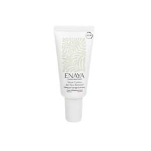 Un tube blanc de 15 ml de Sérum Contour des yeux Illuminant -ENAYA, avec des motifs de feuilles subtils et un texte sur le devant, est présenté sur un fond blanc uni.