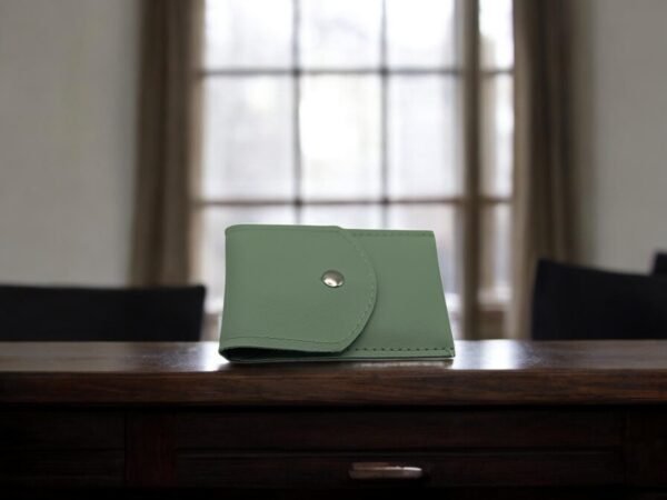 Un portefeuille vert fermé avec un bouton pression repose sur une table en bois foncé, à côté de l'élégante Set onglerie Marron (Copie). L'arrière-plan met en valeur une fenêtre ornée de rideaux transparents, filtrant délicatement une douce lumière dans la pièce.