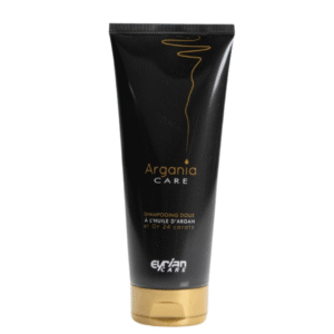 Un tube noir et or étiqueté "Argania Care" contient le Shampoing-Argania Care-Eyrian-200 ml à l'or 24 carats et à l'huile d'argan, produit par Evian Care.