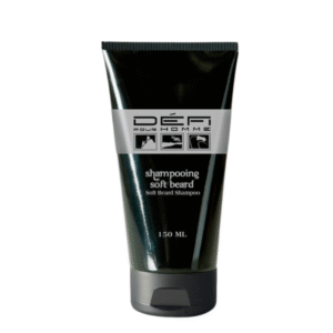 Un tube noir de 150 ml de Shampoing Barbe Douce -Défi pour Homme- se dresse sur un fond blanc, avec un texte argenté et blanc pour un look minimaliste et moderne qui met en valeur ce shampoing barbe doux pour homme.