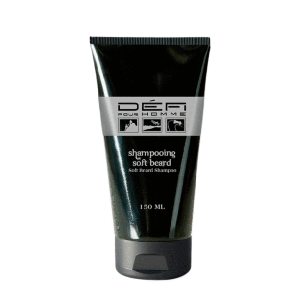 Un tube noir de 150 ml de Shampoing Barbe Douce -Défi pour Homme- se dresse sur un fond blanc, avec un texte argenté et blanc pour un look minimaliste et moderne qui met en valeur ce shampoing barbe doux pour homme.