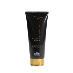 Un tube noir et or étiqueté « Masque Onctueux Argania Care-Eyrian-100ml », un masque capillaire à l'huile d'argan avec protection UV, se dresse debout sur un fond blanc — un luxueux soin capillaire onctueux cheveux argan.