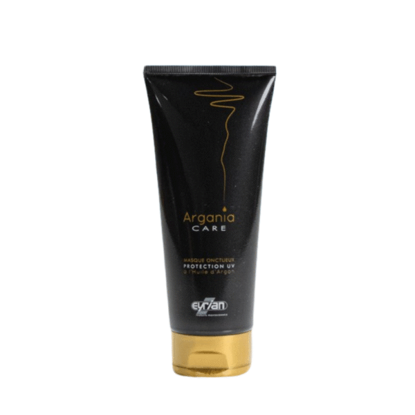 Un tube noir et or étiqueté « Masque Onctueux Argania Care-Eyrian-100ml », un masque capillaire à l'huile d'argan avec protection UV, se dresse debout sur un fond blanc — un luxueux soin capillaire onctueux cheveux argan.