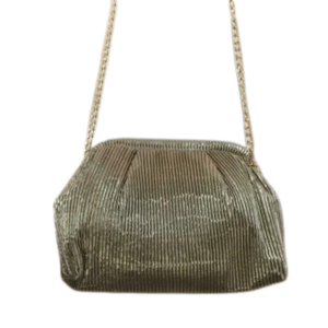 Le Sac à bandoulière chaîne porte-monnaie synthétique irisé plissé est une pochette de soirée plissée dorée avec une chaîne métallique, présentée sur fond blanc.