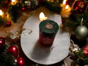 Une bougie festive verte et rouge avec un couvercle est posée sur une table entourée de décorations de Noël, notamment des boules rouges et dorées, de la verdure, des lumières chaleureuses et une Boîte-cadeau ronde - Noël - Rouge à proximité, créant une ambiance de Noël chaleureuse.