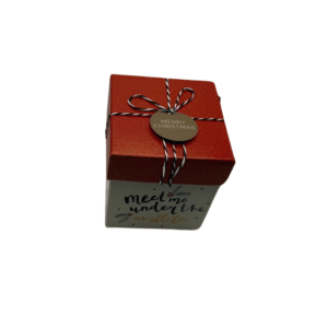 Une Boîte-cadeau carrée - Noël - Rouge-blanc avec un couvercle rouge, de la ficelle noire et blanche et une étiquette "Joyeux Noël". La boîte comporte le texte "rencontrez-moi sous le gui".