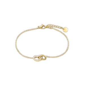 Le Bracelet cœur entrelacés strass doré est un délicat bracelet en or composé d'une fine chaîne et de deux breloques en forme de cœur imbriquées, doté d'un fermoir réglable et de strass hypoallergéniques pour les peaux sensibles.