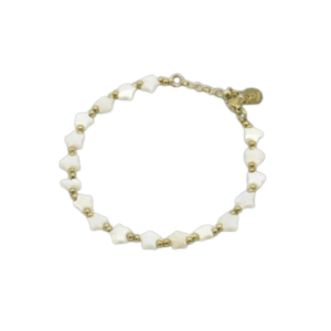 Bracelet chaîne en or "bracelet étoile nacre billes / or" avec de petites pierres blanches irrégulières, des perles régulièrement espacées, un fermoir mousqueton et une rallonge réglable - un accessoire élégant en acier inoxydable.