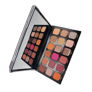 Une Palette fards à paupières Sensory Parisax ouverte se tient debout, son miroir reflétant des tons neutres, roses, orangés et chatoyants.