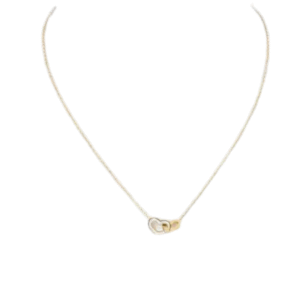 Le Collier deux cœurs entrelacés en strass / Doré est un délicat collier en or avec deux pendentifs en forme de cœur entrelacés - l'un en or, l'autre en argent - sertis sur un fond blanc, ajoutant éclat et romantisme à toute tenue.