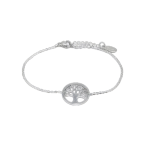 Bracelet arbre de vie en acier inoxydable /Argenté, composé d'une breloque circulaire sur une fine chaîne, avec fermoir et petite étiquette près de la fermeture.