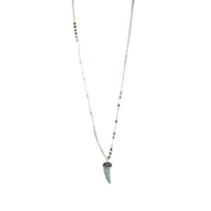 Le Sautoir bobo chic corne d'abondance /Vert est un délicat collier de perles avec une fine chaîne, un pendentif vert clair en forme de corne et de petites perles rondes, incarnant le chic et l'élégance sans effort.