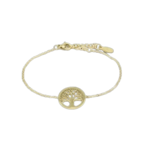 Le bracelet arbre de vie acier inoxydable /Doré se compose d'une délicate chaîne en or et d'une breloque ronde en forme d'arbre de vie, ajoutant une élégance intemporelle à tous les looks. Présenté sur fond blanc.