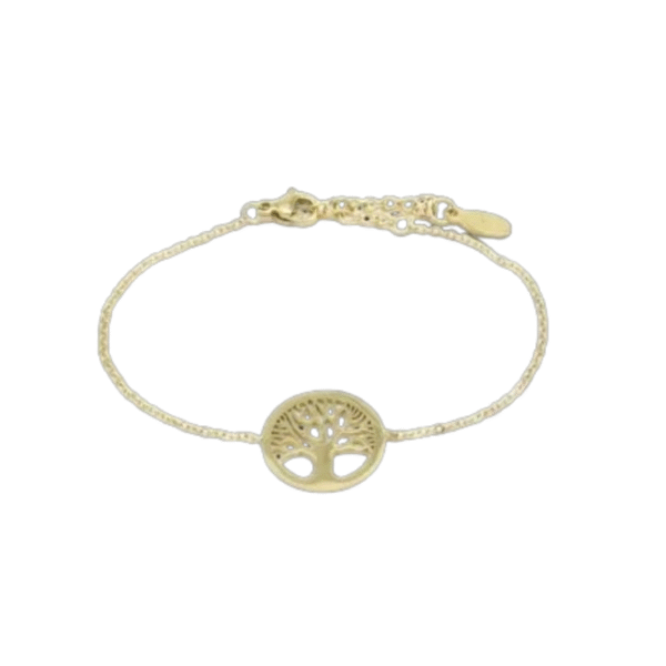 Le bracelet arbre de vie acier inoxydable /Doré se compose d'une délicate chaîne en or et d'une breloque ronde en forme d'arbre de vie, ajoutant une élégance intemporelle à tous les looks. Présenté sur fond blanc.