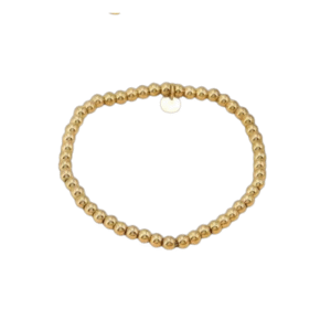 Un bracelet contemporain, Bracelet grosses billes style contemporain /Doré, comporte de grosses perles dorées et une breloque délicate, présentées sur un fond blanc.