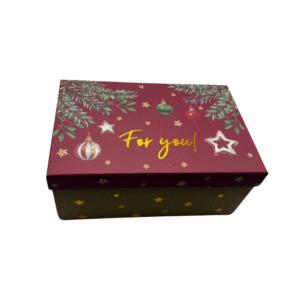 La Boîte Cadeau -Rectangulaire -Noël-For You présente un couvercle bordeaux avec des ornements, des branches de pin, des étoiles et la mention "For you !" en jaune. Le socle vert est inspiré de Noël et décoré d'étoiles jaunes.