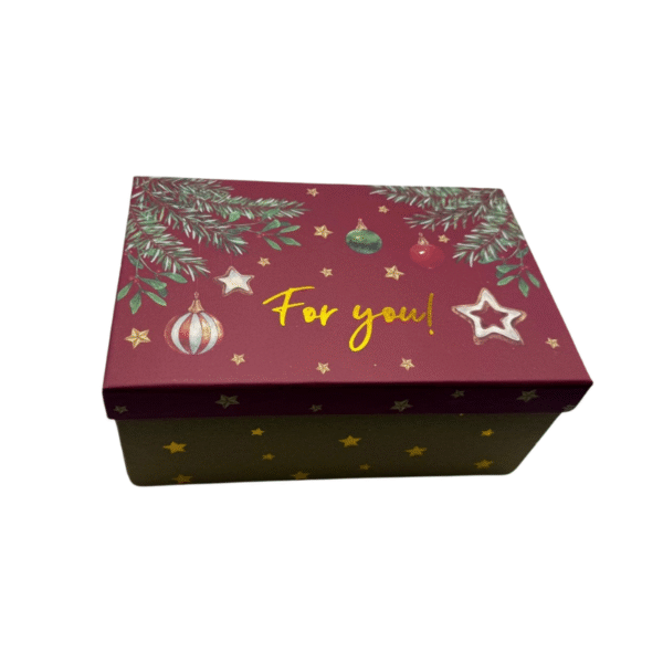 La Boîte Cadeau -Rectangulaire -Noël-For You présente un couvercle bordeaux avec des ornements, des branches de pin, des étoiles et la mention "For you !" en jaune. Le socle vert est inspiré de Noël et décoré d'étoiles jaunes.