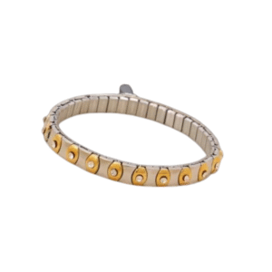 Le Bracelet contemporain - strass transparent /Doré/argenté est un bracelet argenté et doré avec des pierres claires étincelantes, présentant un style moderne et élégant et des accents circulaires.