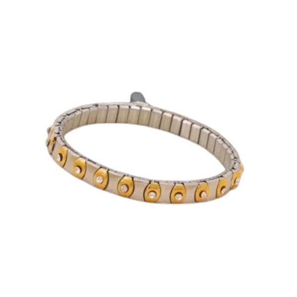 Le Bracelet contemporain - strass transparent /Doré/argenté est un bracelet argenté et doré avec des pierres claires étincelantes, présentant un style moderne et élégant et des accents circulaires.