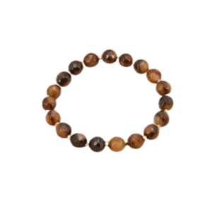 Le Bracelet perles en pierres style bouddhiste / Marron, avec des pierres brunes polies et un élastique, est élégamment présenté sur un fond blanc.
