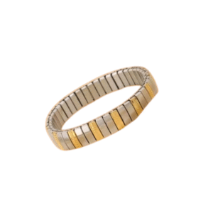 Photographié sur fond blanc, le "Bracelet style minimaliste avec segments doré et argenté" présente un bracelet métallique extensible avec des segments rectangulaires argentés et dorés en alternance.