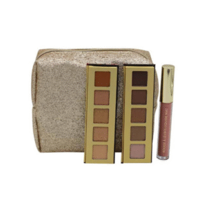 Le Set de maquillage scintillant PARISAX comprend une trousse de maquillage or pailleté, deux palettes d'ombres à paupières or neutre et un rouge à lèvres liquide rose nude - parfait pour ajouter de l'éclat à votre routine de maquillage.