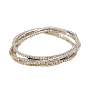 Gros plan sur le Bracelet élastique en métal et strass (4)/Transparent, qui présente un motif enroulé avec des strass étincelants, sur un fond blanc - un bracelet tendance essentiel pour toutes les amoureuses de bijoux.