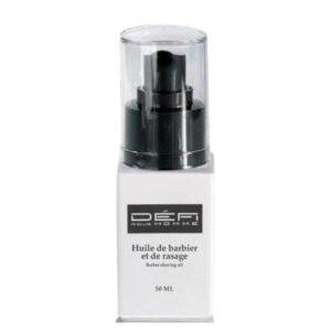 Le flacon blanc de 50 ml de l'Huile de Barbier et de rasage – Défi pour Homme est doté d'une pompe noire et d'un bouchon transparent. L'étiquette bilingue met en valeur sa formule hydratante pour la barbe et le visage.