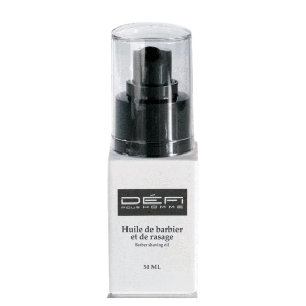Le flacon blanc de 50 ml de l'Huile de Barbier et de rasage – Défi pour Homme est doté d'une pompe noire et d'un bouchon transparent. L'étiquette bilingue met en valeur sa formule hydratante pour la barbe et le visage.