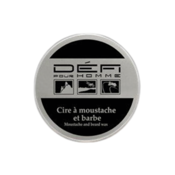 Une élégante boîte ronde argentée, étiquetée « Cire à moustache & barbe - Défi pour Homme - 75 ml », arbore des touches de noir et des motifs barbe/moustache. Cette cire coiffante haut de gamme garantit une moustache et une barbe parfaitement entretenues.