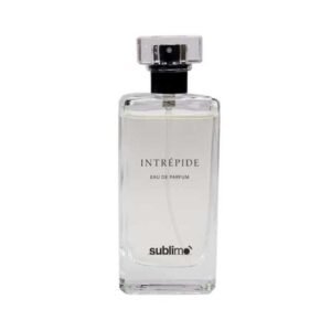 Un flacon en verre transparent étiqueté « INTRÉPIDE EAU DE PARFUM » avec un bouchon noir et « sublime » à la base présente Eau de Parfum - Intrépide - Sublimo 50 ML, un parfum féminin intense, sur un fond blanc uni.