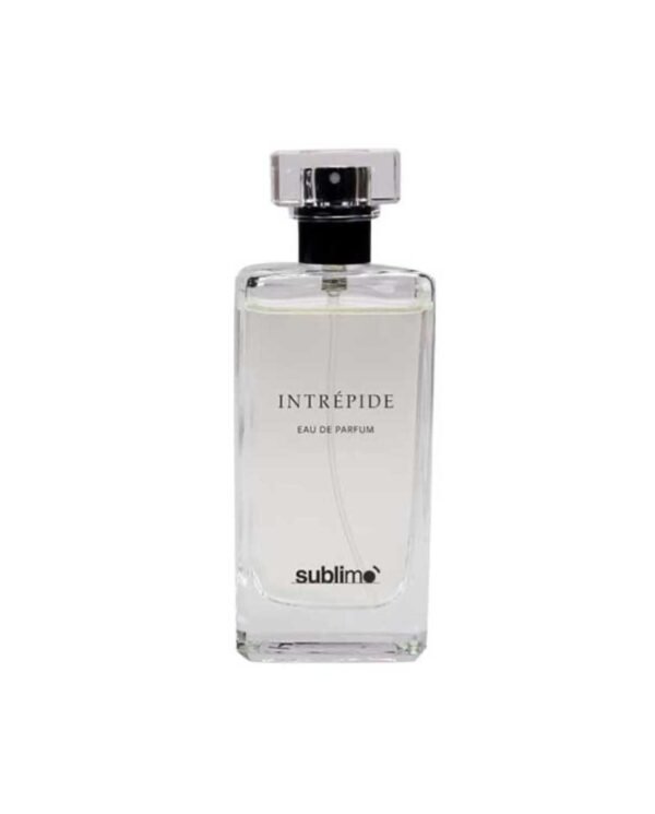 Un flacon en verre transparent étiqueté « INTRÉPIDE EAU DE PARFUM » avec un bouchon noir et « sublime » à la base présente Eau de Parfum - Intrépide - Sublimo 50 ML, un parfum féminin intense, sur un fond blanc uni.