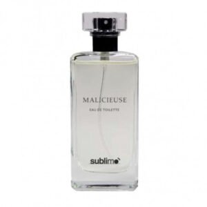 Un flacon rectangulaire transparent, étiqueté « Eau de Parfum - Malicieuse - Sublimo 50 ML », est doté d'un bouchon noir et argenté. L'inscription « Sublimo » est imprimée à la base, offrant une expérience parfumante durable aux femmes.